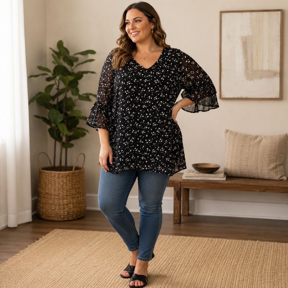 Valolia Sheer Floral Blouse Plus Size XXL Cottagecore Romantic Ruffle Top